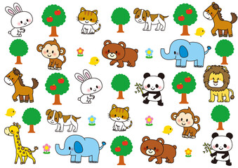 動物, 動物園, 保育園, 幼稚園, 子供, 小学校, 小学生, かわいい, セット, キャラクター, 象, クマ, ライオン, ウサギ, パンダ, ネコ, 熊, サル, ゾウ, キリン, 馬, 犬, 猫, アニマル, ウマ, ひよこ, 生物, 飼育, 可愛い, 生き物, サファリパーク, アイコン, 絵本, 花, りんご, 木, 猿, 複数, 肉食動物, 草食動物, 哺乳類, パターン, イラス © 満載