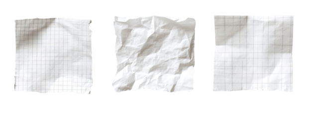 Three crumpled, gridded sheets of paper