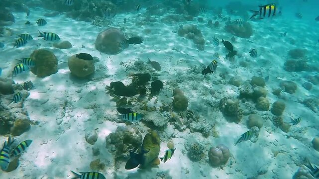  Two titan trigger fish fight with each other among tropical coral in reef of Maldives island in wide angle video camera mode