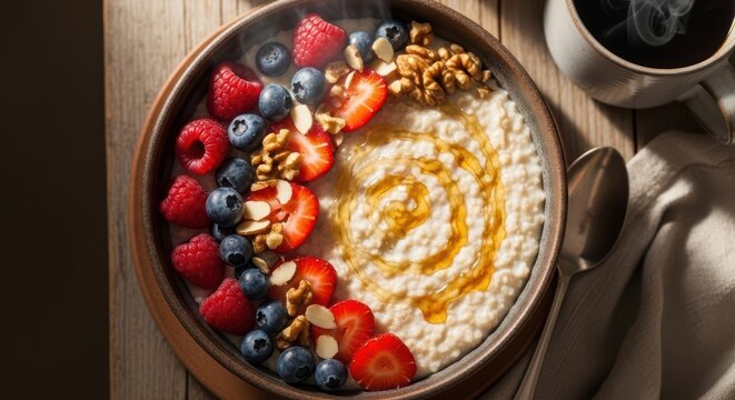Delicious oatmeal bowl with fresh berries, walnuts, and honey swirl on a wooden table - Powered by Adobe