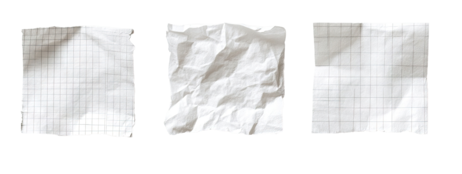Three crumpled, gridded sheets of paper