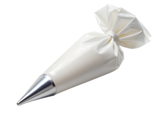 Pastry bag with white icing and metal tip isolated on transparent background