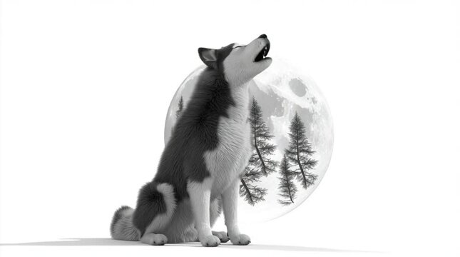 A black and white husky dog howling at the full moon with pine trees reflected inside the moon. The minimalist illustration combines nature and wildlife themes, symbolizing wilderness, freedom, and th