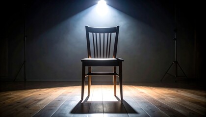 Empty chair illuminated by spotlight on wooden floor