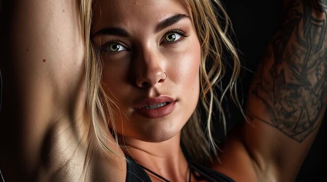 Close-up portrait of a confident young woman with blonde hair, green eyes, and tattooed arm. Natural beauty with strong expression, soft lighting, and artistic detail. Ideal for themes of lifestyle, f