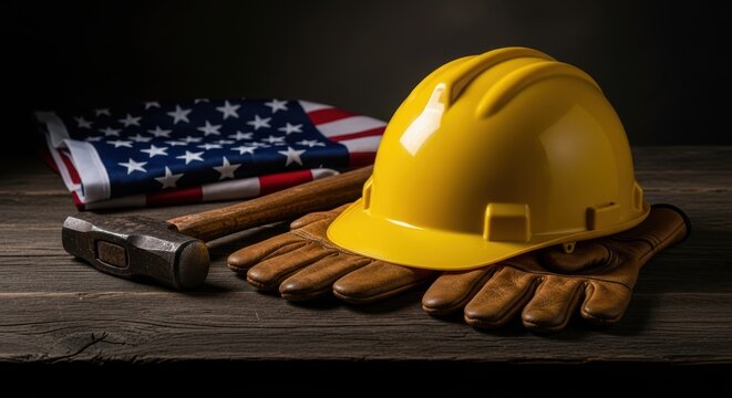 Celebrate labor day weekend with an american flag hard hat and work gloves