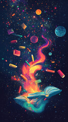 Fototapeta premium Enchanted book releasing vibrant colors and cosmic elements in a starry background, symbolizing creativity