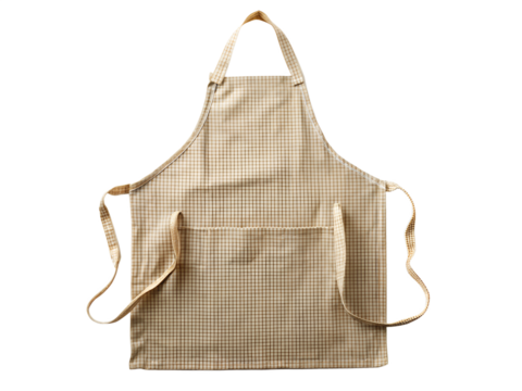 Beige checkered kitchen apron with pocket and straps isolated on transparent background