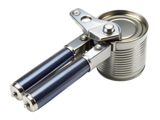 Manual can opener with metal blades and dark handles, isolated on transparent background