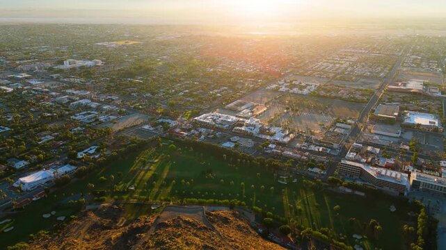 Aerial View of Palm Springs Golf Course and City at Sunrise