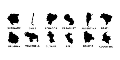 South American countries’map vector silhouettes on white background. Uruguay, Chile, Ecuador, Paraguay, Argentina, Brazil, Suriname, Venezuela, Guyana, Peru, Bolivia, Colombia