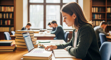 Focused student studying with laptop computer inside cozy quiet library
