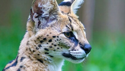 Close-up profile view of a serval cat, showcasing its distinctive spotted coat and alert expression against a blurred backdrop of green grass.