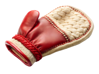 Red leather and knitted mitten isolated on transparent background