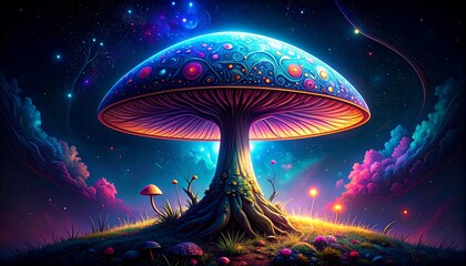 Fantastic bioluminescent mushroom landscape, vibrant colors and cosmic celestial background