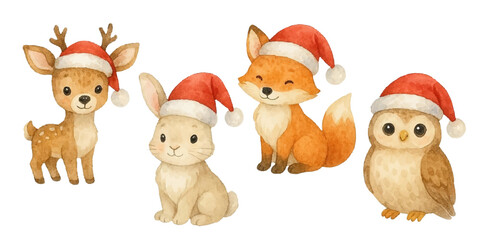Watercolor Christmas animals: deer, bunny, owl, fox in a red hat. Festive illustration, isolated on white background.