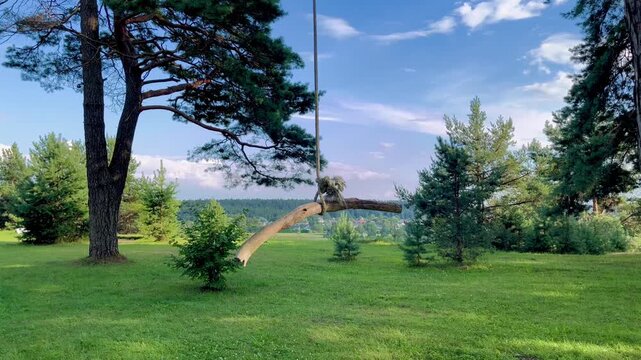 Handmade wooden swing crafted from a curved log gently swaying in the wind between tall pine trees, overlooking a wide green meadow and distant village, creating a peaceful rustic scene