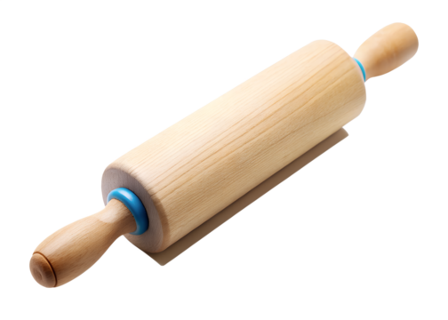 Wooden rolling pin with blue accents for baking isolated on transparent background
