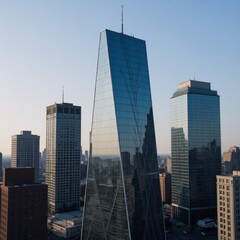 A modern abstract business logo symbolizes an office building and cityscape apartment complex in a 3D architectural silhouette