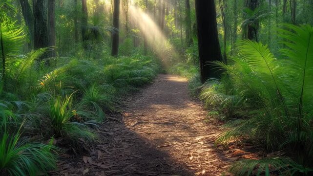A tranquil forest path comes alive with dappled sunlight breaking through a canopy of vibrant green leaves. Nature breathes as serenity envelops the scene, inviting exploration.