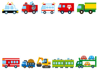 乗り物, 車, フレーム, 電車, パトカー, 枠, 旅行, 新幹線, 駅, 交通, 働く車, 鉄道, バス, 警察, 郵便, 運転, 可愛い, かわいい, おもちゃ, セット, 列車, 移動, 旅, 観光, レジャー, お出かけ, トラベル, メッセージ, 囲み枠, 飾り枠, 掲示板, お知らせ, 伝言板, 出発, 消防車, ダンプカー, キャリアカー, 観光バス, 郵便車, トラック, イラス