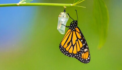 A monarch butterfly emerges from its chrysalis, showcasing the process of metamorphosis against a backdrop of soft green and blue tones.