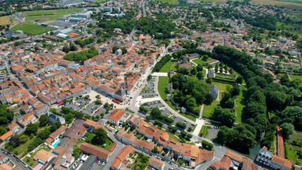 Aerial panorama view around the old town in the city Surg&egrave;res in France, on a sunny summer noon