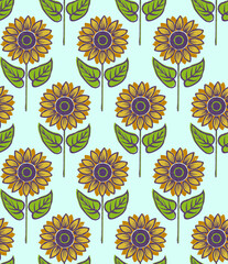Floral Block Prints Sunflowers - seamless pattern