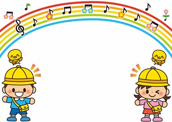 園児, 子供, 保育園, 幼稚園, フレーム, 卒園, 卒園式, 友達, 入園, 入園式, かわいい, メッセージ, 囲み枠, 飾り枠, 掲示板, お知らせ, 伝言板, 勉強, 塾, 誕生日, 虹, 音符, 花, 五線譜, 枠, 仲間, 人物, 嬉しい, 楽しい, 仲良し, 応援, 頑張る, 元気, 笑顔, 男の子, 女の子, 全身, 可愛い, 生徒, イラスト, キッズ, ベクター, 学校, 教
