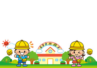 園児, フレーム, 子供, 保育園, 幼稚園, 卒園, 卒園式, 友達, 入園, 入園式, 誕生日, かわいい, 園舎, ひよこ, メッセージ, 囲み枠, 飾り枠, 掲示板, お知らせ, 伝言板, 勉強, 塾, 虹, 音符, 花, 五線譜, 枠, 仲間, 人物, 嬉しい, 楽しい, 仲良し, 応援, 頑張る, 元気, 笑顔, 男の子, 女の子, 全身, 可愛い, 生徒, イラスト, ベクター, キ