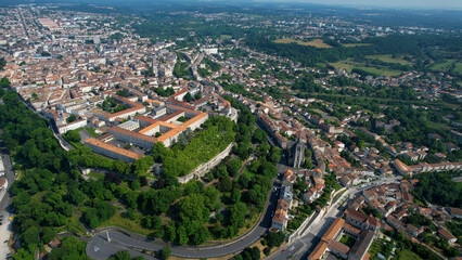 Fototapeta premium Aerial panorama view around the old town and around the city Angoulême in France, on a sunny summer noon