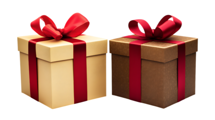 Two gift boxes with red ribbons isolated on a transparent background