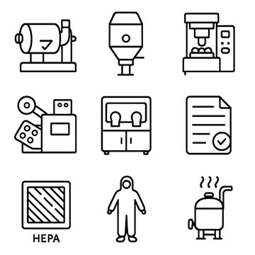 Pharmaceutical Equipment Icons. Outline style icon of Pharmaceutical GMP Suite: granulator mixer, fluid-bed dryer, tablet press,