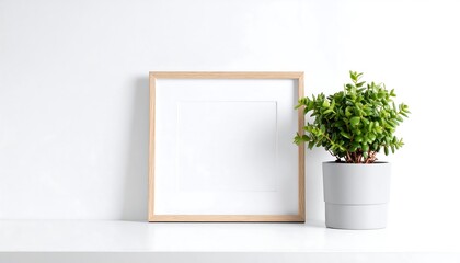 A light-filled space displays a simple wooden frame and a small, vibrant houseplant in a gray pot, evoking a sense of calm and organization.