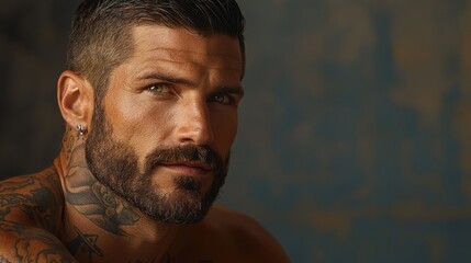 Fototapeta premium Muscular man with tattoos gazes intensely at the camera in a studio setting during a photo shoot