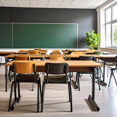 Empty classroom with desks and chairs