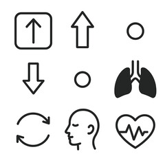 Mental Recovery Icons. Outline style icons of Mental Recovery: breathing box outline, inhale expand arrow, hold corner dot, exhale