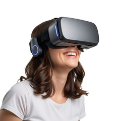 Excited woman experiencing immersive VR technology, exploring virtual worlds with a smile, showcasing the future of entertainment and gaming, modern tech adoption and joyful user experience