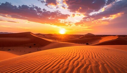 Orange desert sunset over sculpted dunes highlighting natural wonder timeless travel and reflection in landscapes of Morocco Sahara or Arabian Peninsula adventure