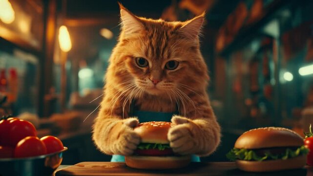 Fluffy ginger cat in an apron cooks and sells a burger in a food truck.