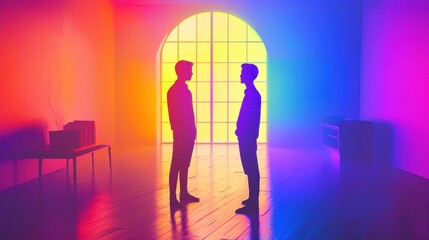Two figures stand facing each other in a brightly colored room with a large window showcasing a rainbow glow