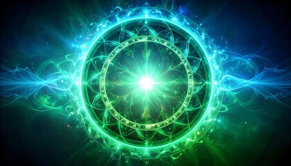 Obraz premium A vibrant, circular design with intricate patterns, glowing emerald and turquoise accents, and a luminous central point, radiating energy.