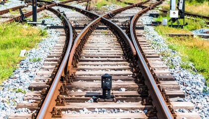 Fototapeta premium Railroad tracks diverge in a precise railway switchyard, showcasing the intricate design of the track system.
