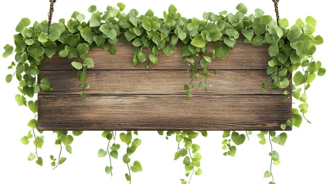 Wooden sign with green leaves isolated on a transparent background - Powered by Adobe