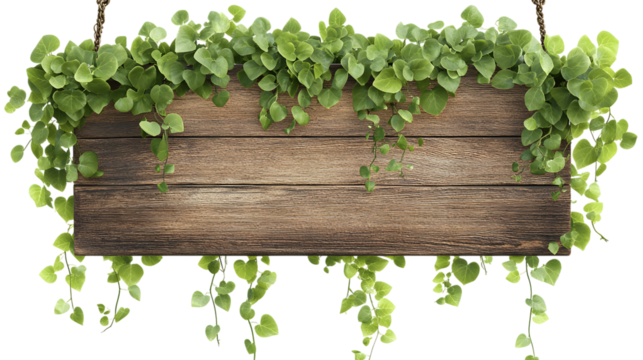 Wooden sign with green leaves isolated on a transparent background