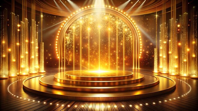 Photo of golden stage with spotlight and elegant lighting, perfect for awards or performances