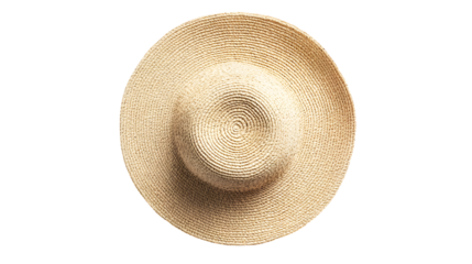 Beige straw hat top view isolated on a transparent background