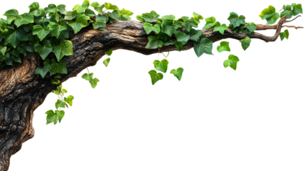 Ivy vine on textured wood branch isolated on a transparent background