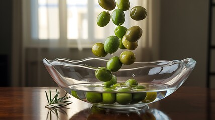 Green olives falling into glass bowl of water dropping