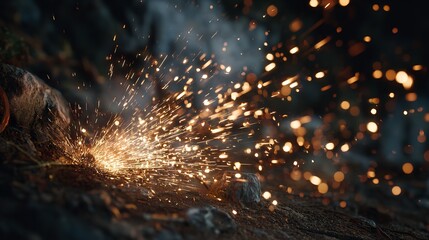 Dramatic display of vibrant gold sparks igniting a dark and rugged landscape, creating beautiful contrast.